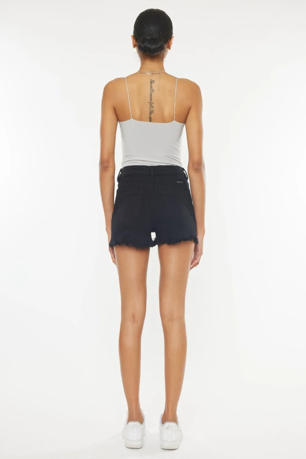 Black High Rise Raw Hem Denim Shorts