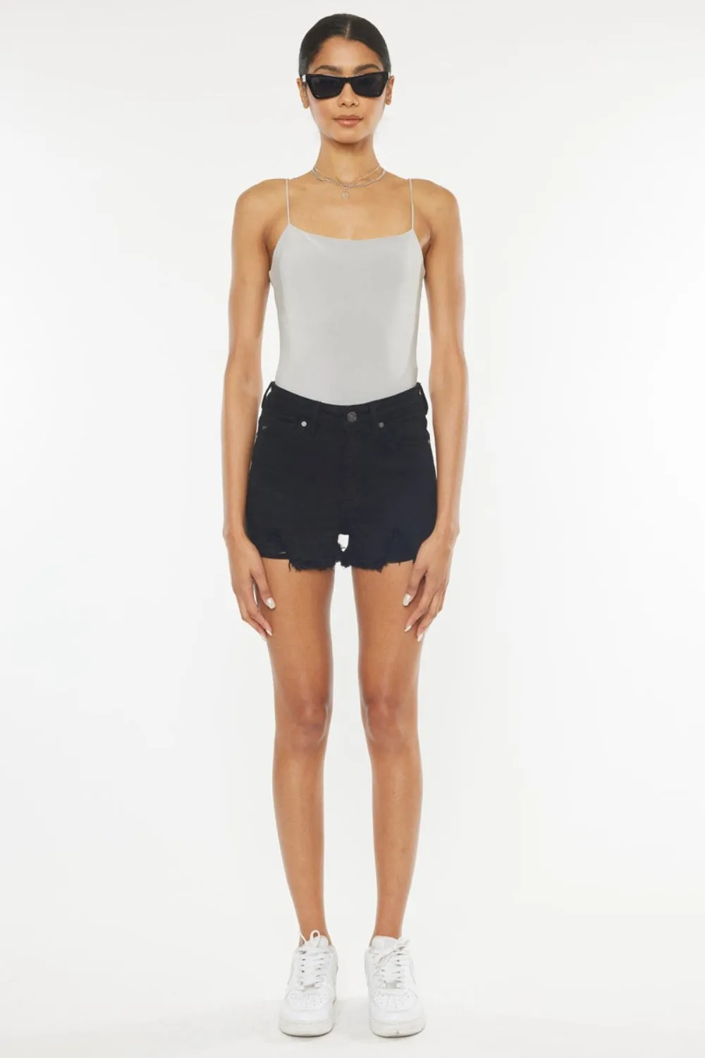 Black High Rise Raw Hem Denim Shorts