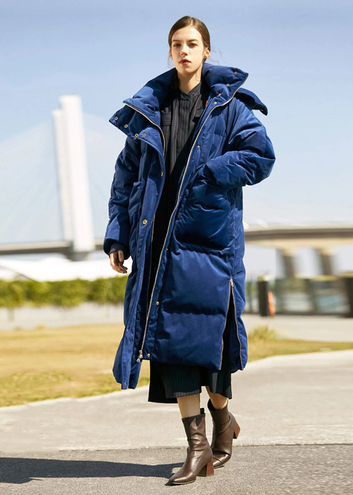 Charlotte Blue Velvet Hooded Long Down Puffer Parka Coat