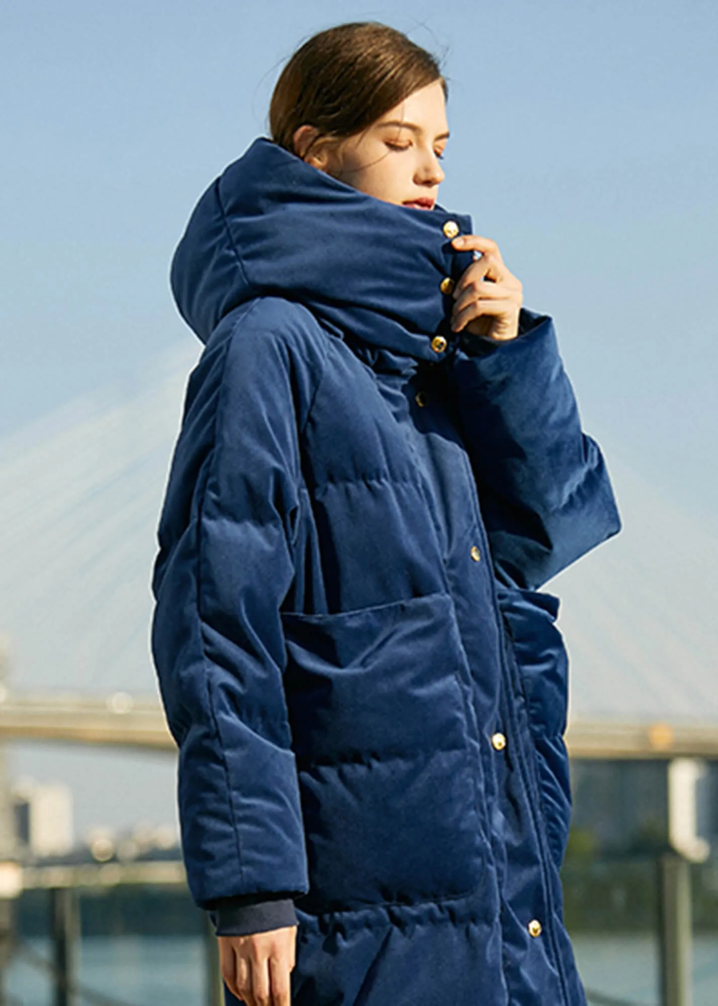 Charlotte Blue Velvet Hooded Long Down Puffer Parka Coat