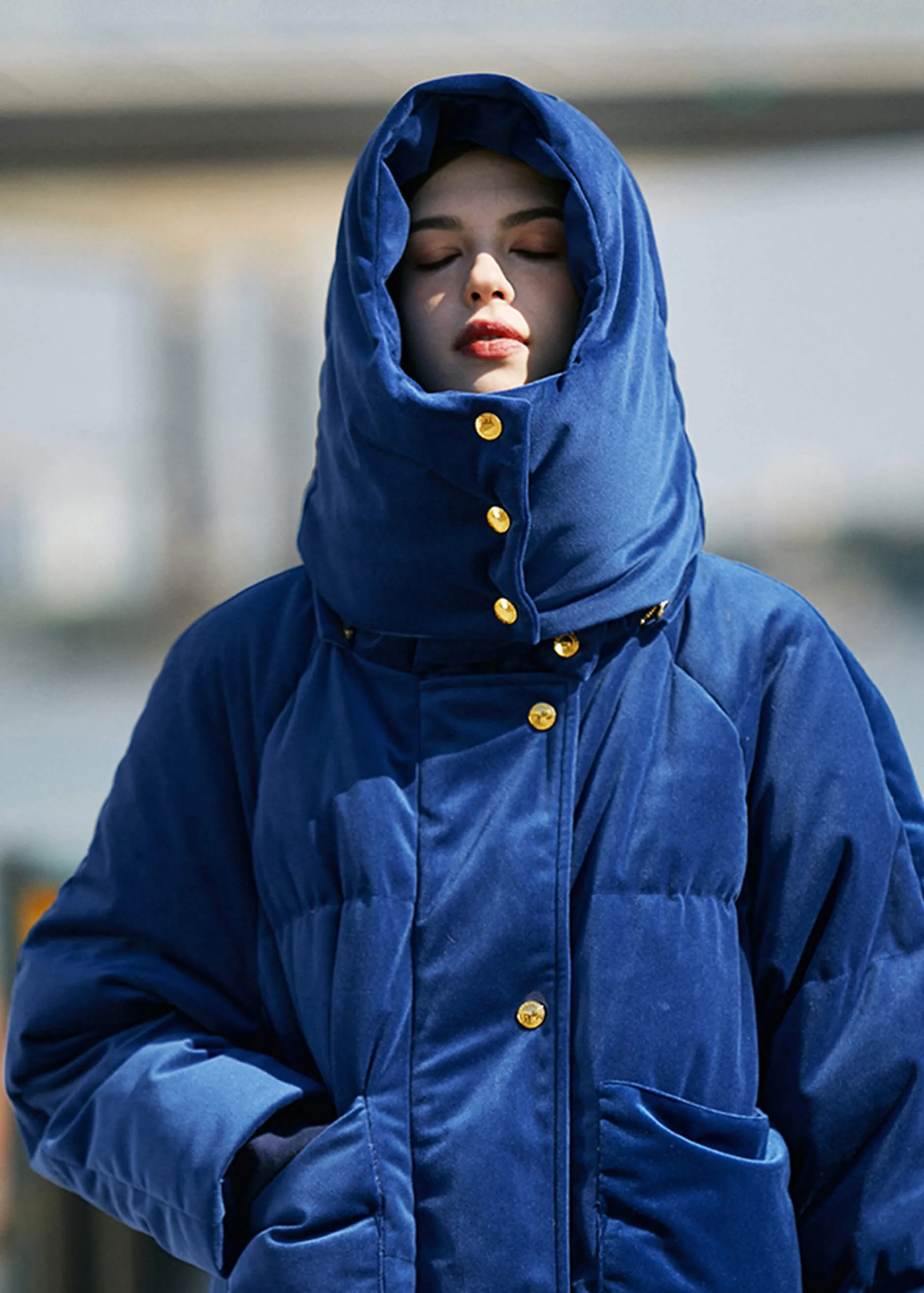 Charlotte Blue Velvet Hooded Long Down Puffer Parka Coat