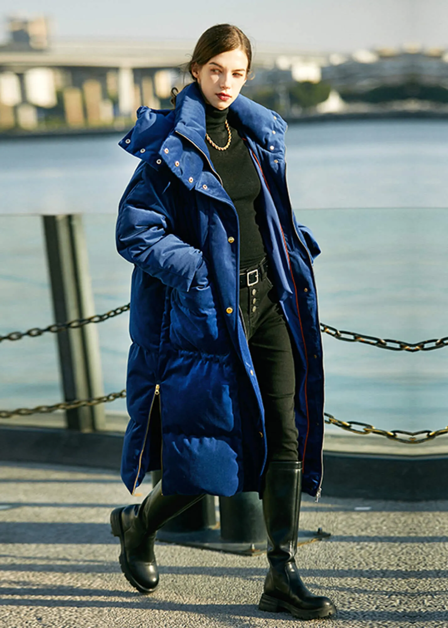 Charlotte Blue Velvet Hooded Long Down Puffer Parka Coat