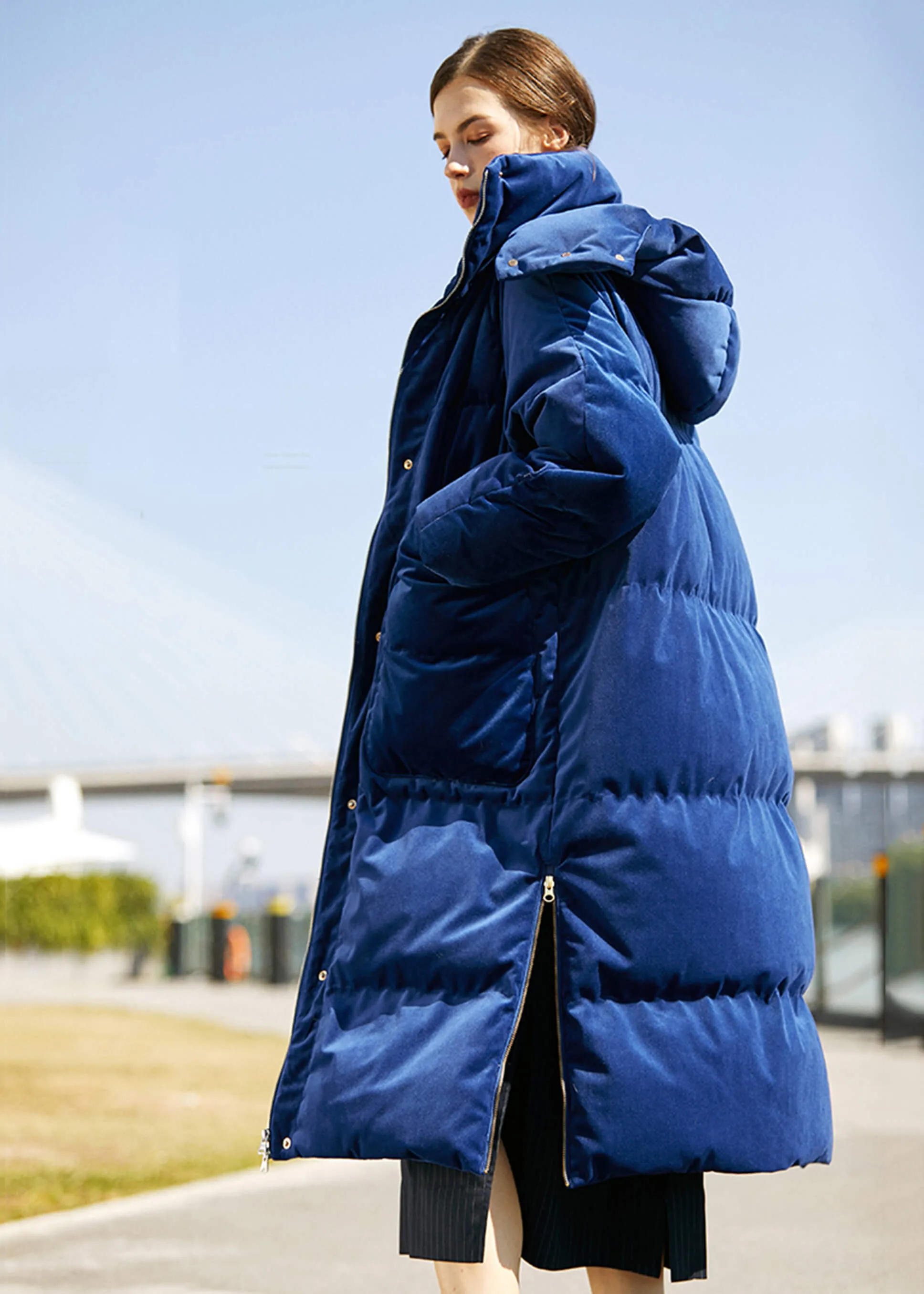 Charlotte Blue Velvet Hooded Long Down Puffer Parka Coat