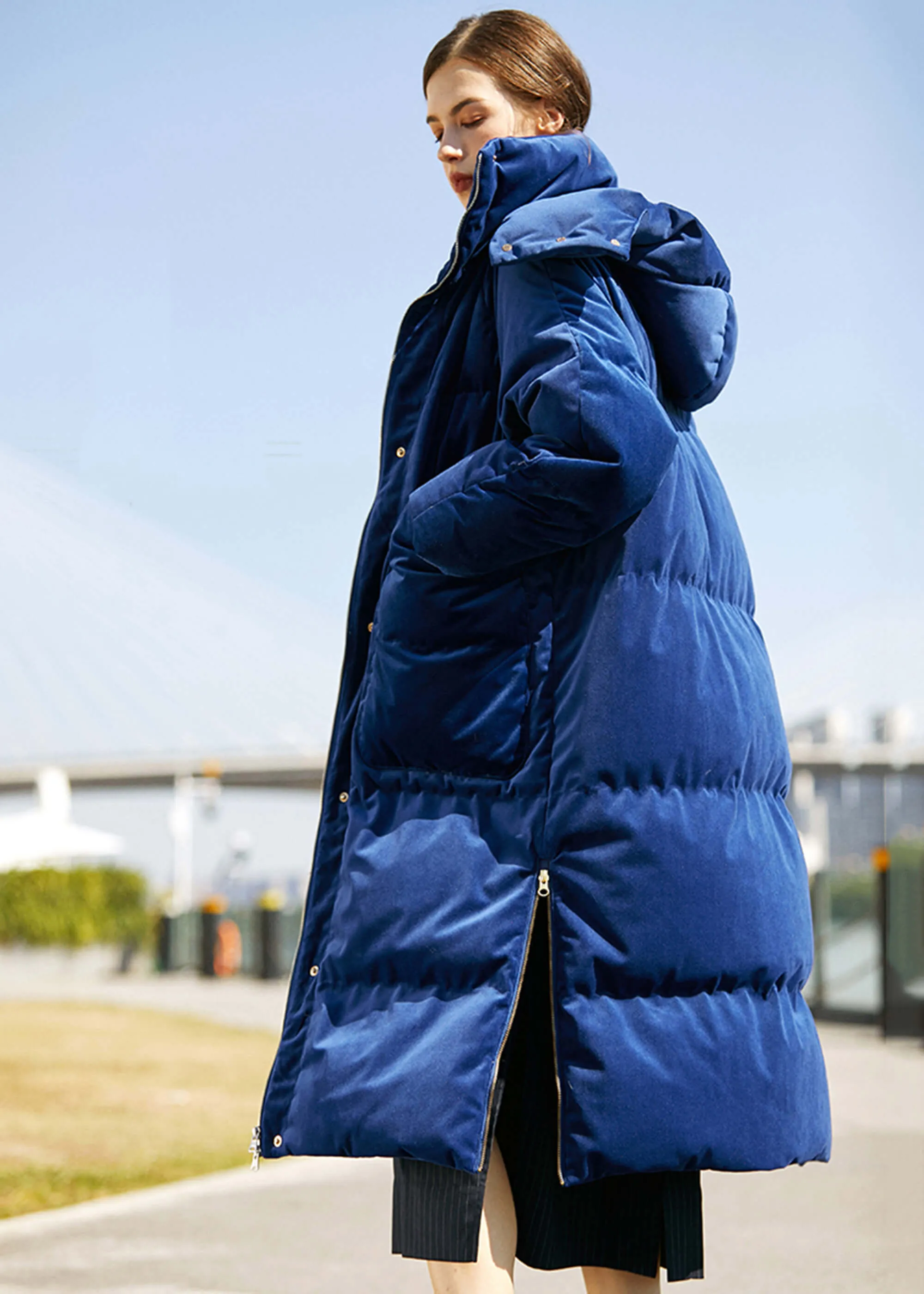 Charlotte Blue Velvet Hooded Long Down Puffer Parka Coat