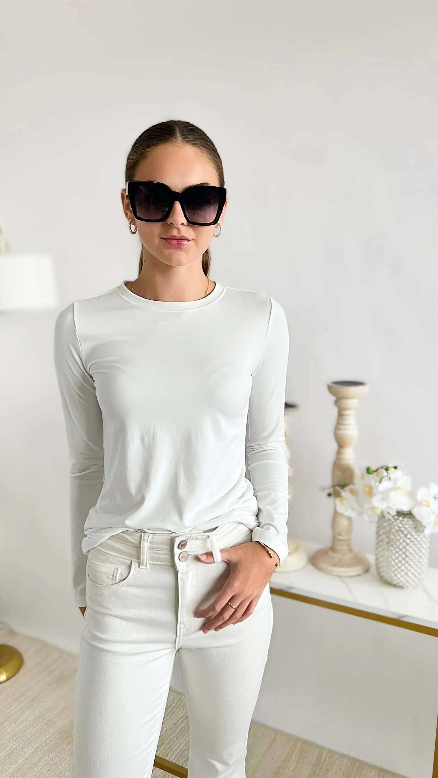 Anniston Brushed Microfiber Long Sleeve Neck Tee - Off White