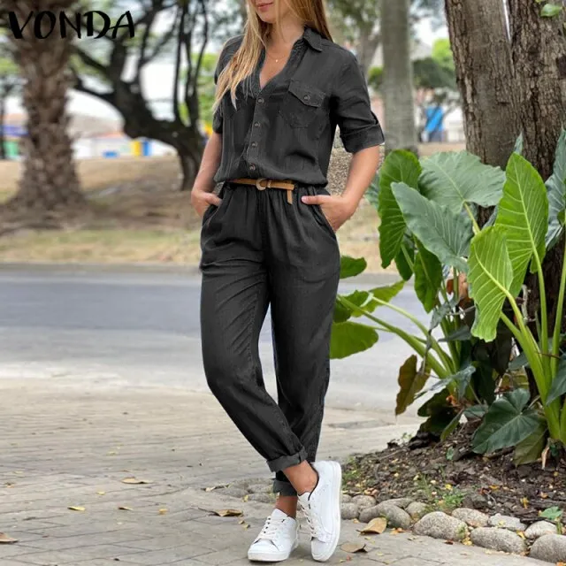 Women Long Jumpsuit Spring Autumn Denim Playsuits Ladies Pantalon Loose Long Sleeve Lapel Button Up Office Overalls