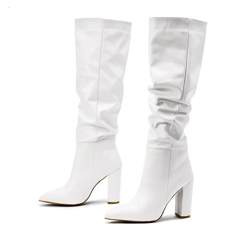 Boots White Black Women Knee High Boots Sexy Pointed Toe Square Heels