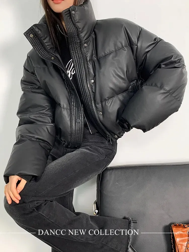 Punk Biker Women Pu Puffy Coat Winter Casual Thick Warm Lady Long Sleeve Loose Cotton Down Coats