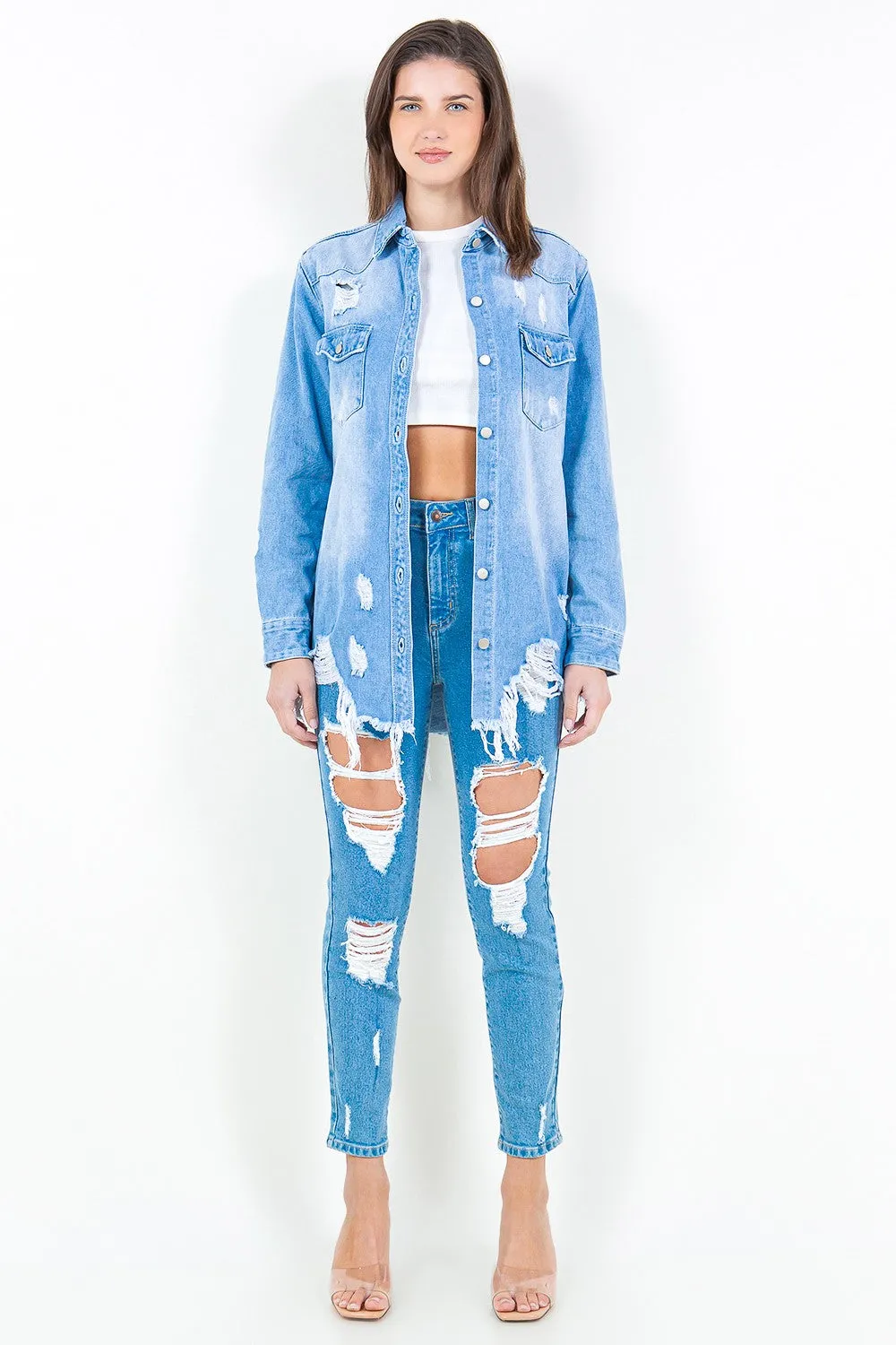 Light Blue Frayed Hem Distressed Denim Shirt Jacket