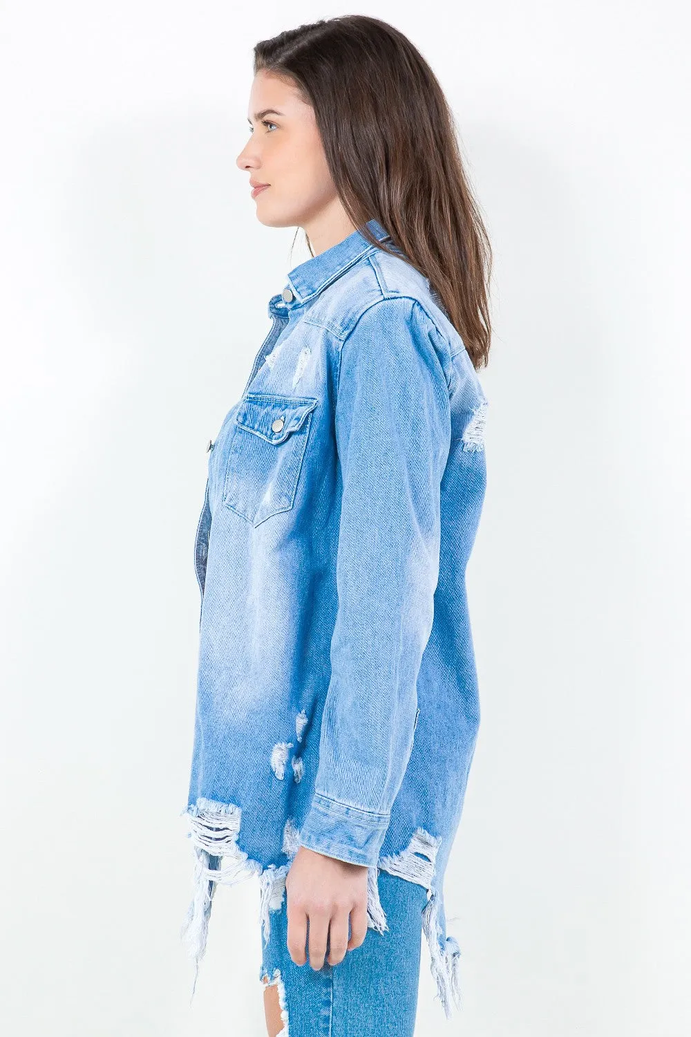 Light Blue Frayed Hem Distressed Denim Shirt Jacket