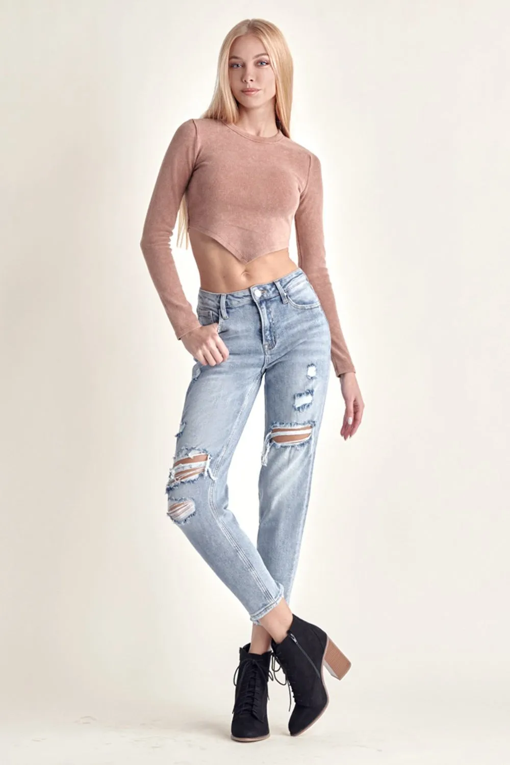 Mid Wash Distressed Slim Cropped Jeans