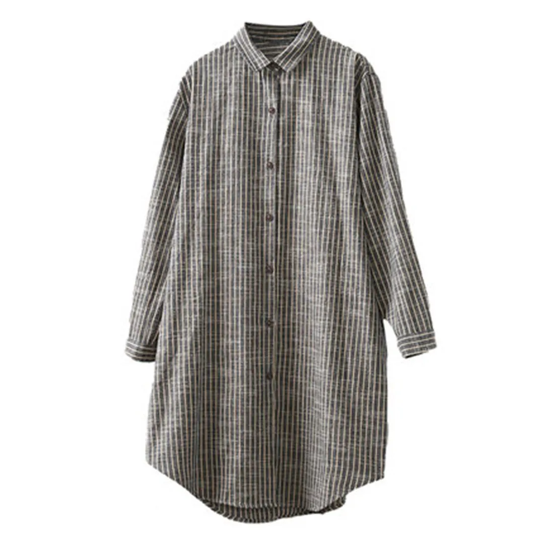 BABAKUD Women Loose Causal Stripes Linen Shirt