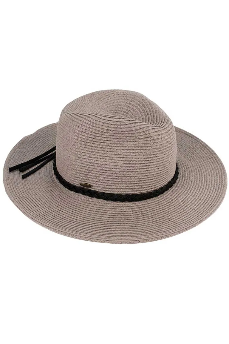 C.C Faux Leather Trim Straw Panama Hat