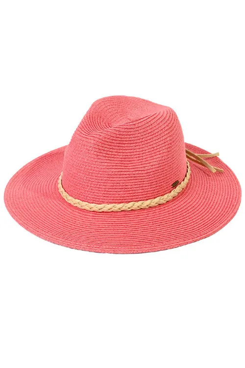 C.C Faux Leather Trim Straw Panama Hat