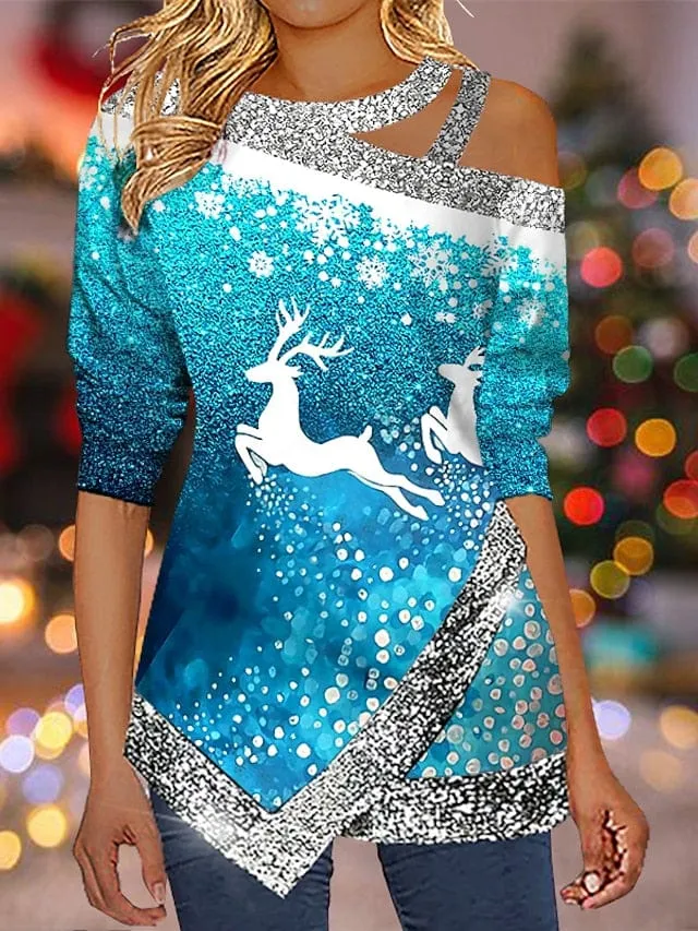 Reindeer Snowflake Print Long Sleeve Women's Shirt