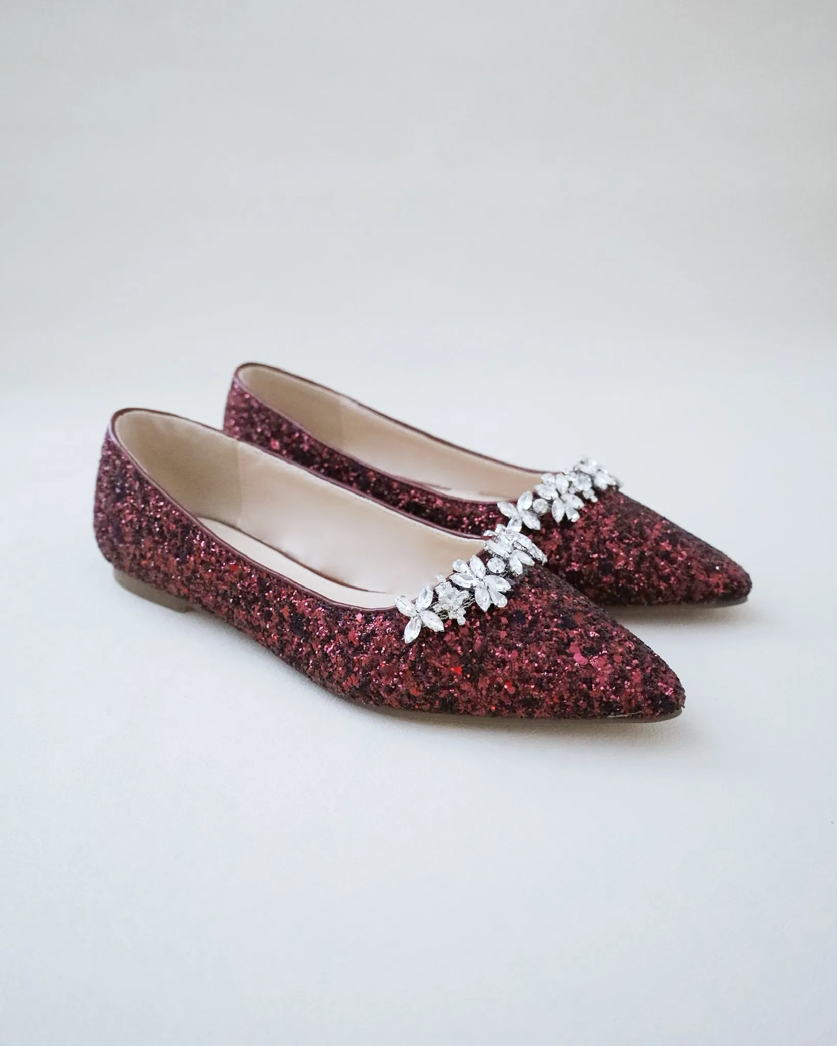 Burgundy Evening Pointy Toe Glitter Flats with Floral Rhinestones