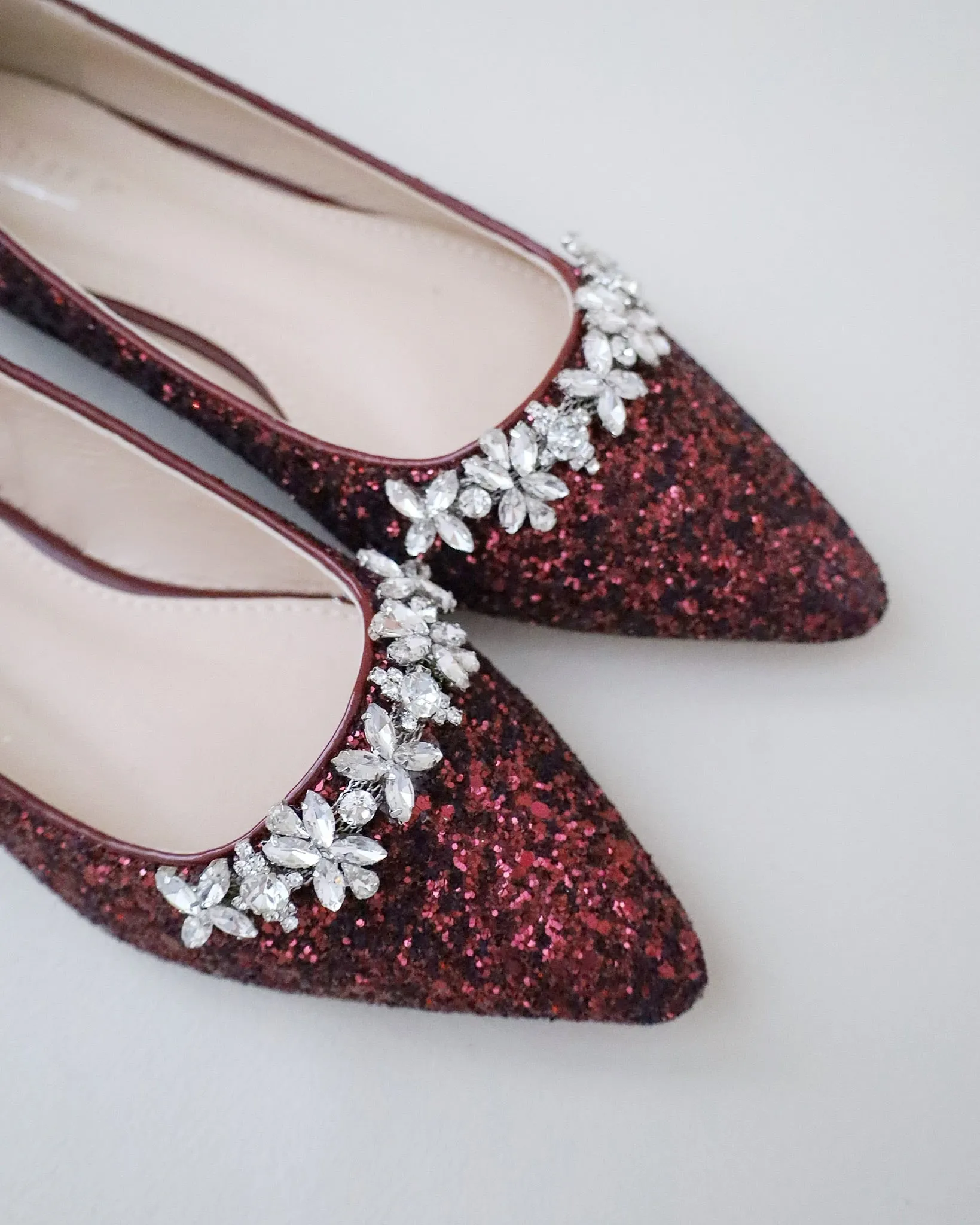 Burgundy Evening Pointy Toe Glitter Flats with Floral Rhinestones