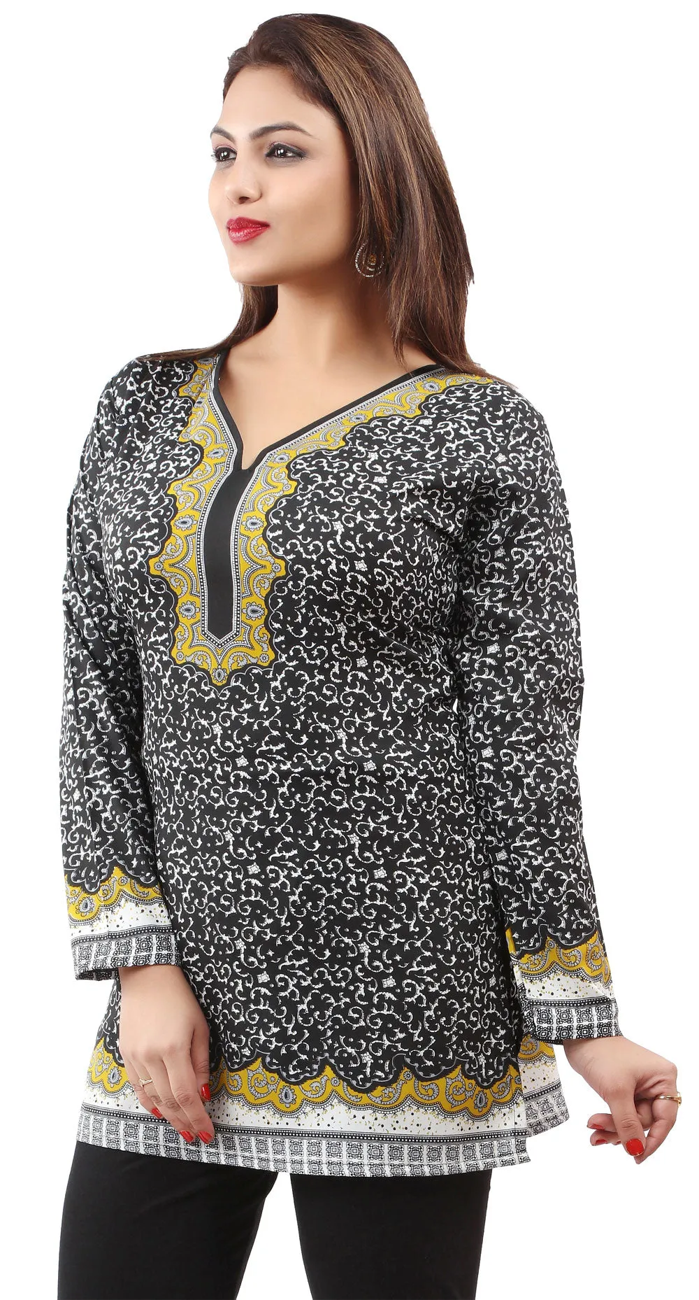 India Tunic Top Kurti Womens Printed Blouse Indian Apparel (Black/Yellow, XS)