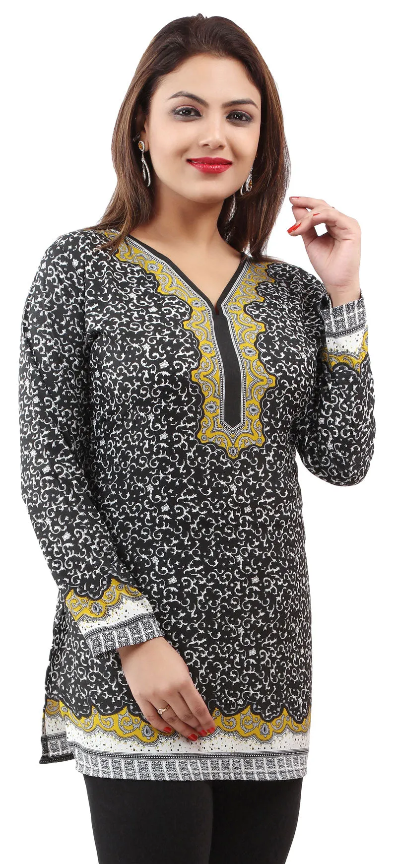 India Tunic Top Kurti Womens Printed Blouse Indian Apparel (Black/Yellow, XS)