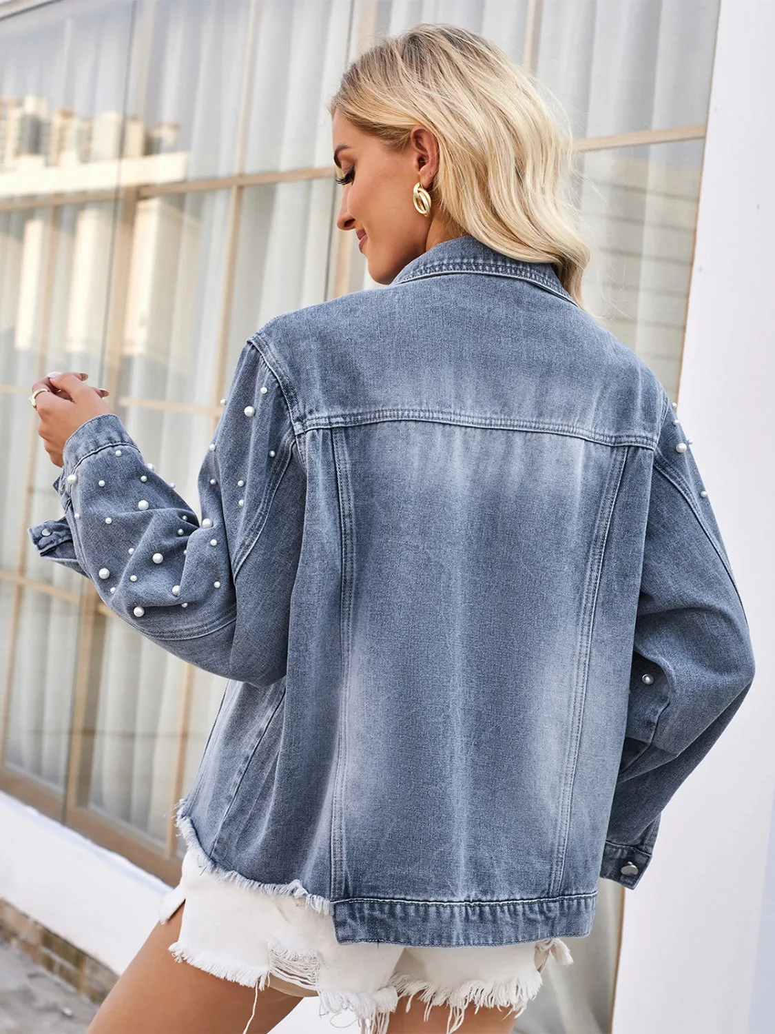 Pearl Trim Raw Hem Denim Jacket