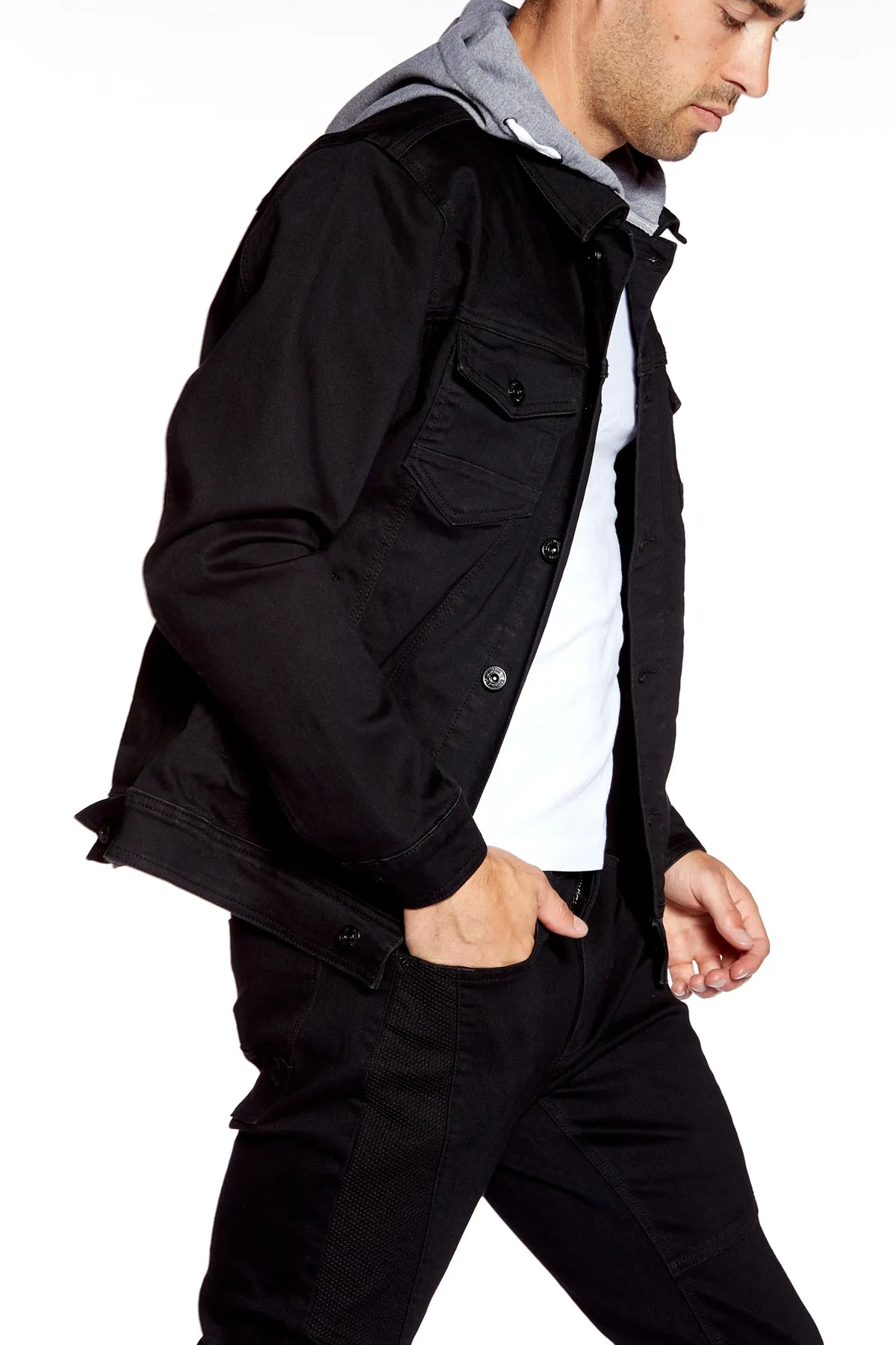 Men's Denim Jacket With Built-In Hood - Black