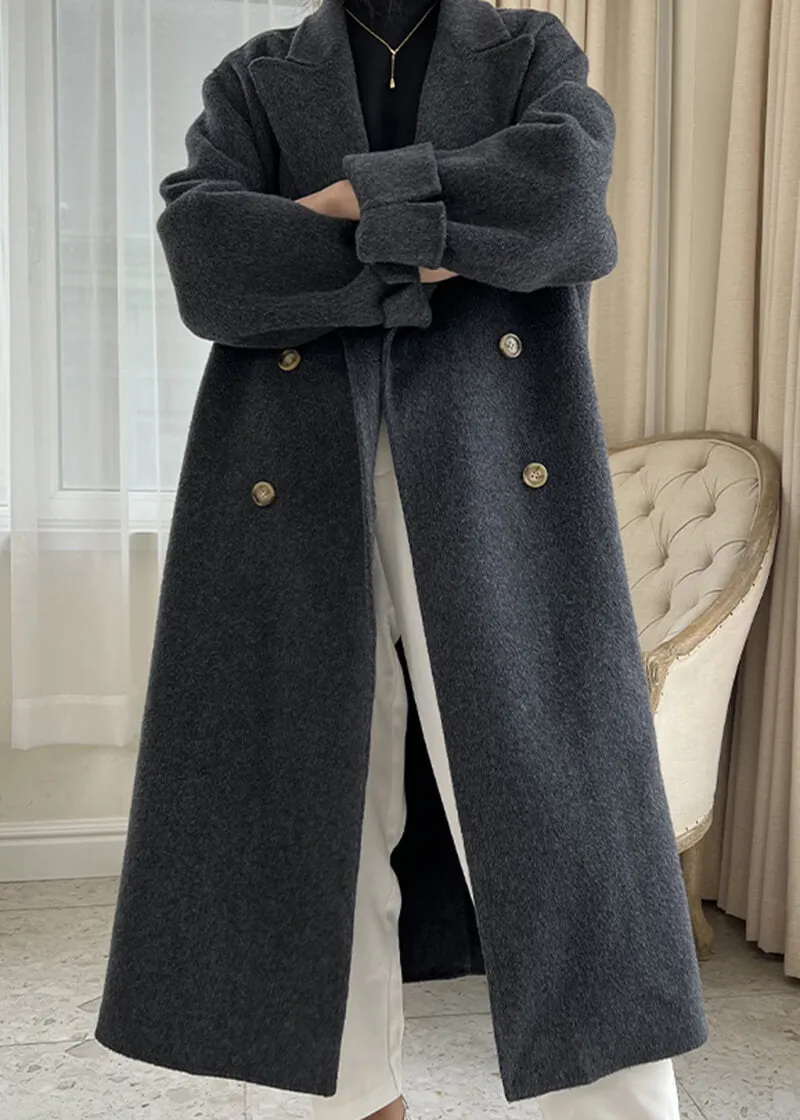 Susan Double Breasted Notched Lapel Wool Long Coat