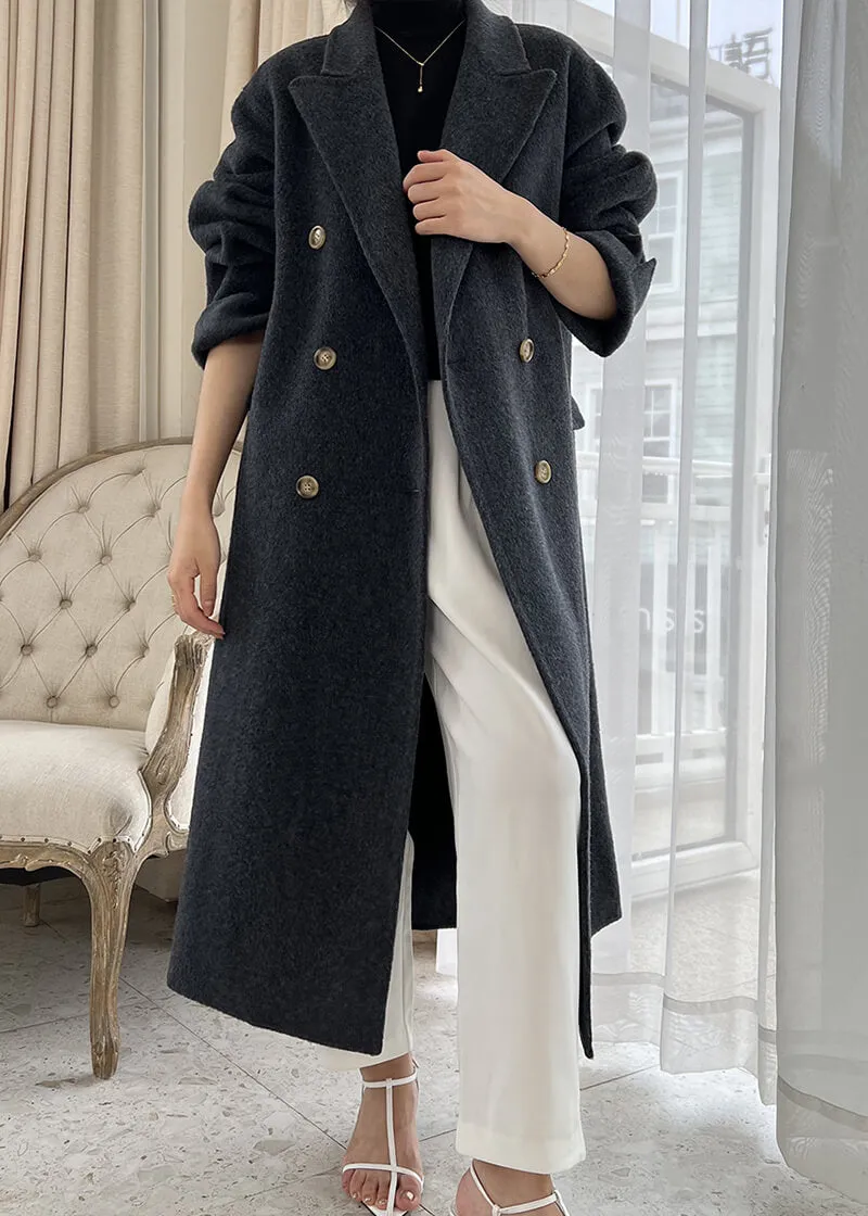 Susan Double Breasted Notched Lapel Wool Long Coat