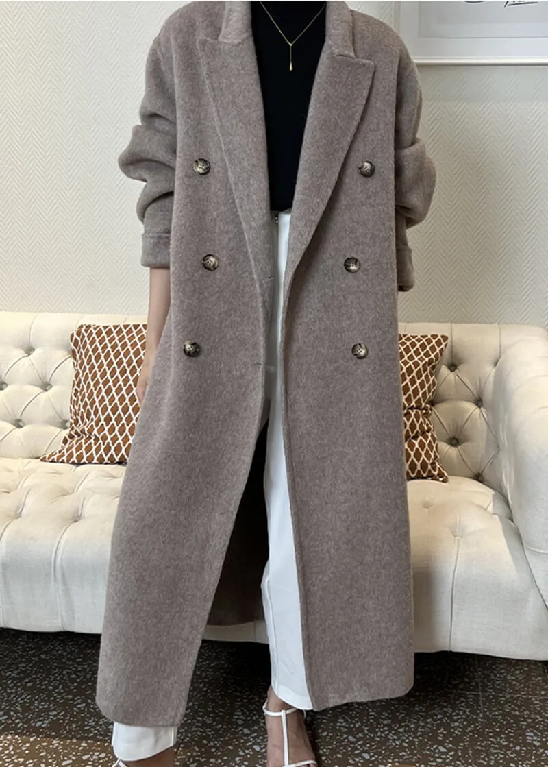 Susan Double Breasted Notched Lapel Wool Long Coat