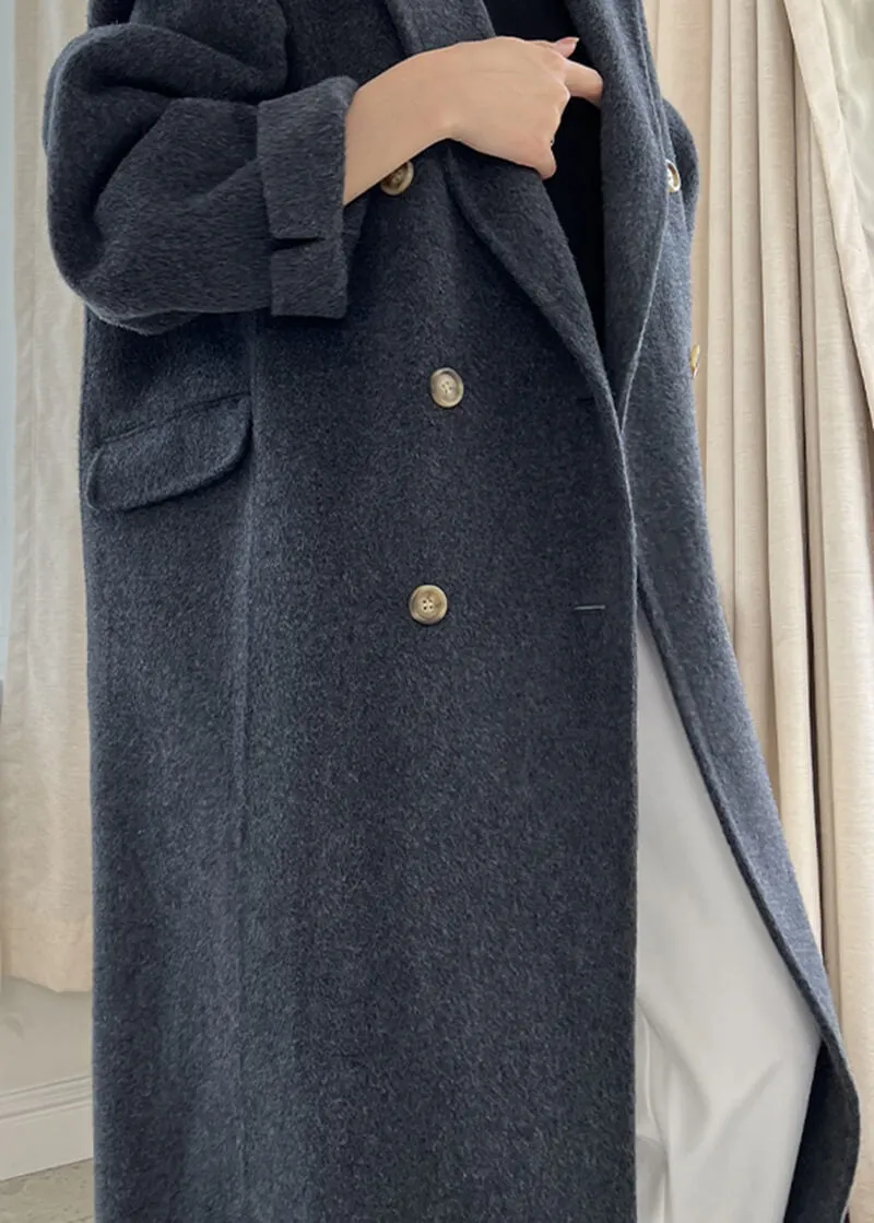 Susan Double Breasted Notched Lapel Wool Long Coat