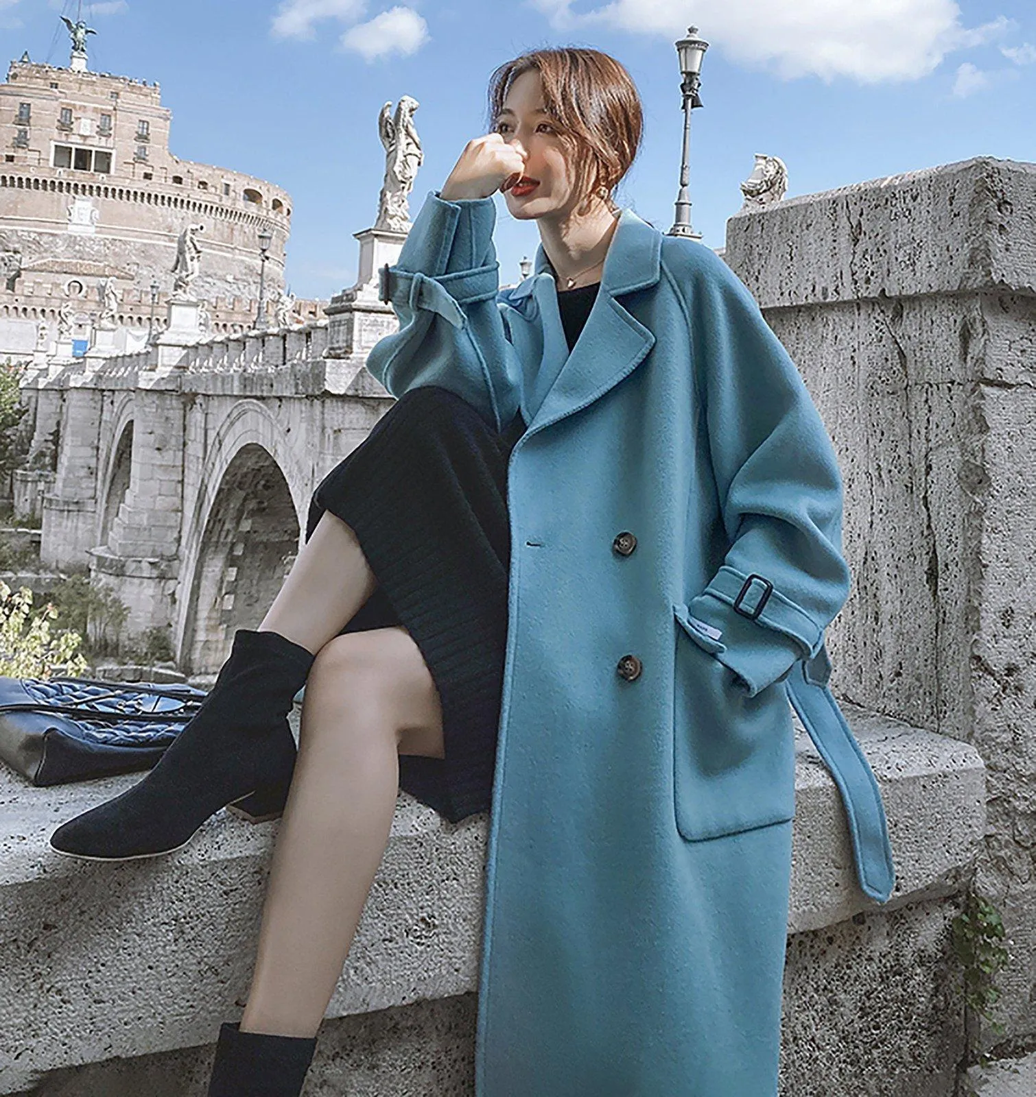 Women Wool Long Coat,Oversize Woolen Coat,Blue Long Wool Coat,Loose Long Coat,Double breasted coat,Reefer Coat,Wool Blend Coat,Black Coat