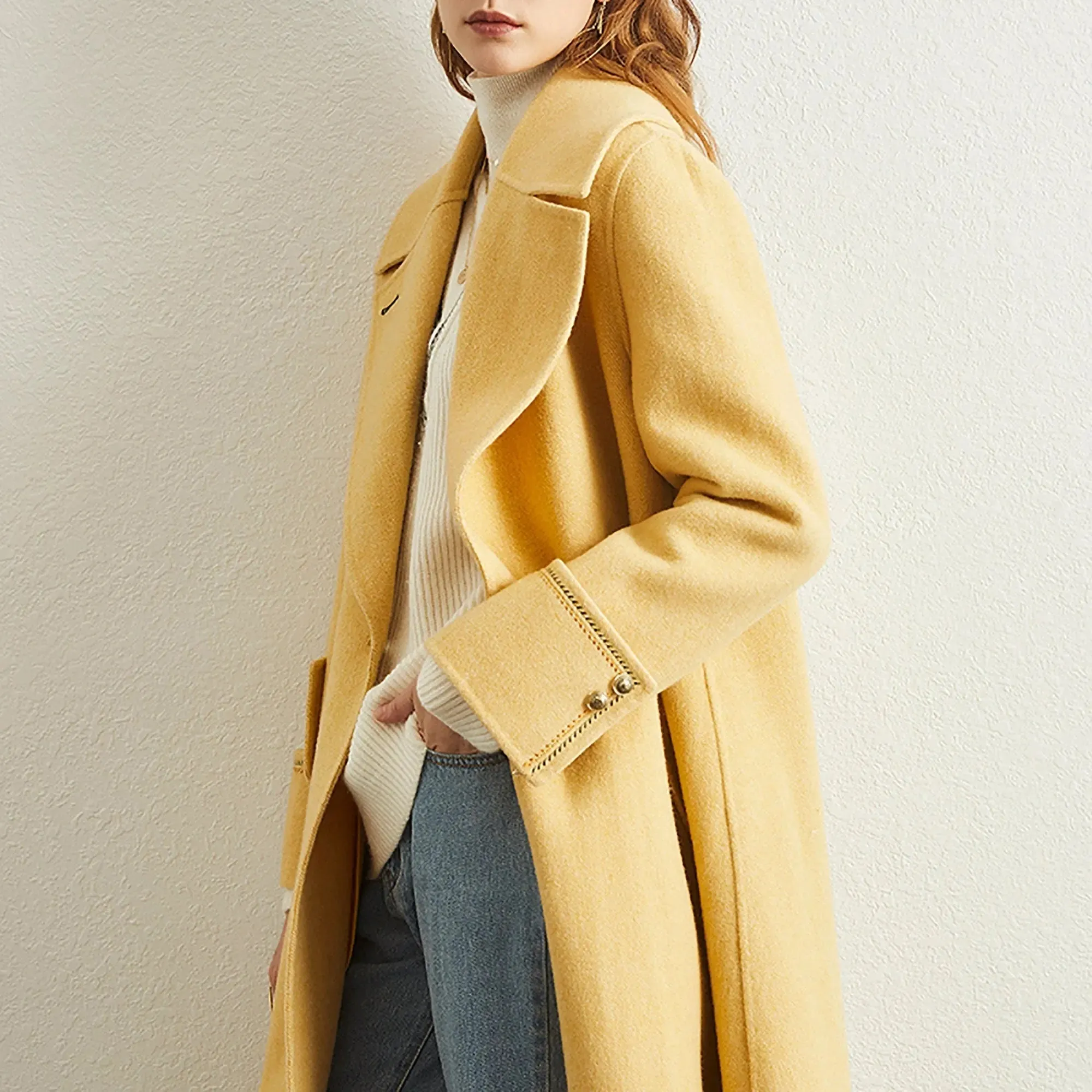 Fern Yellow Two Button Midi Wool Coat