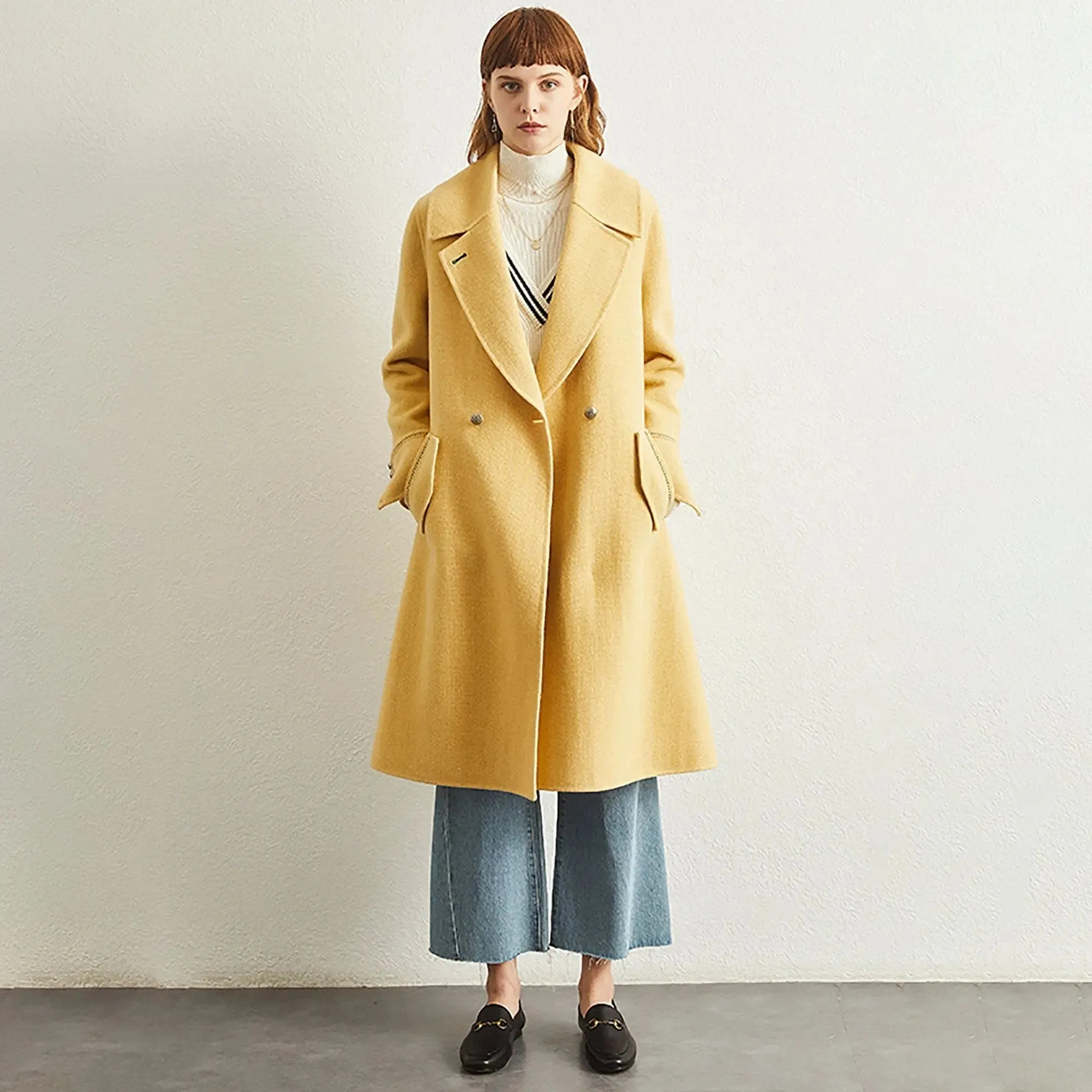 Fern Yellow Two Button Midi Wool Coat