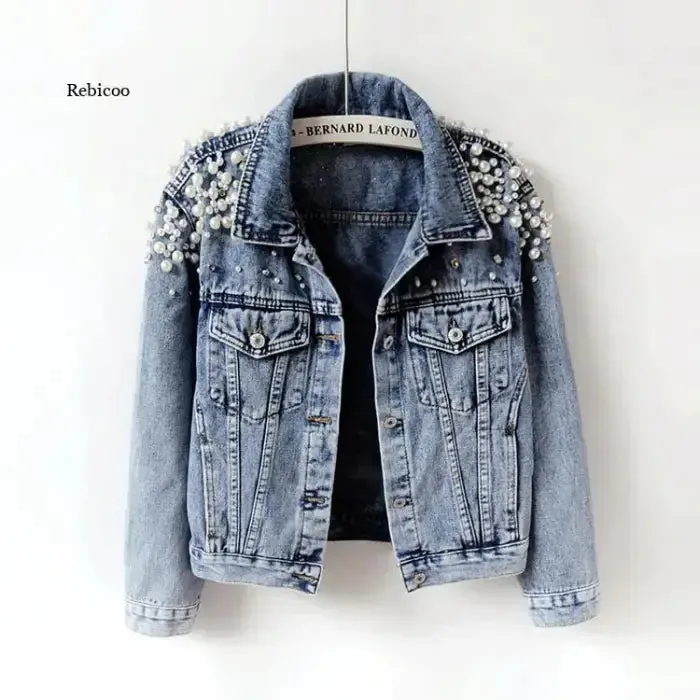 Chic Pearl Embellished Denim Jacket for Women