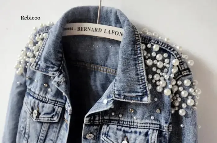 Chic Pearl Embellished Denim Jacket for Women