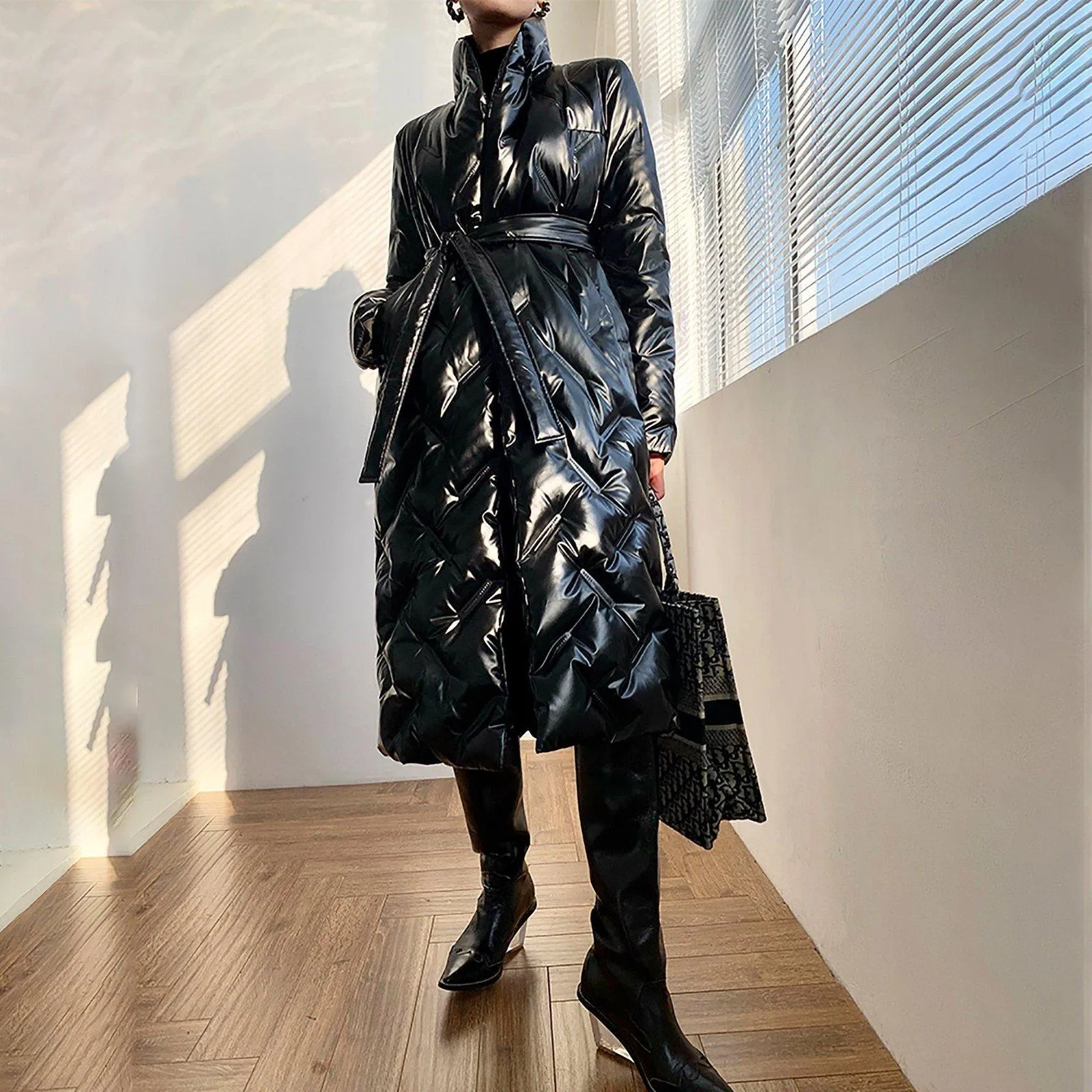 Ashley Glossy Belted Wrap Down Puffer Longline Coat