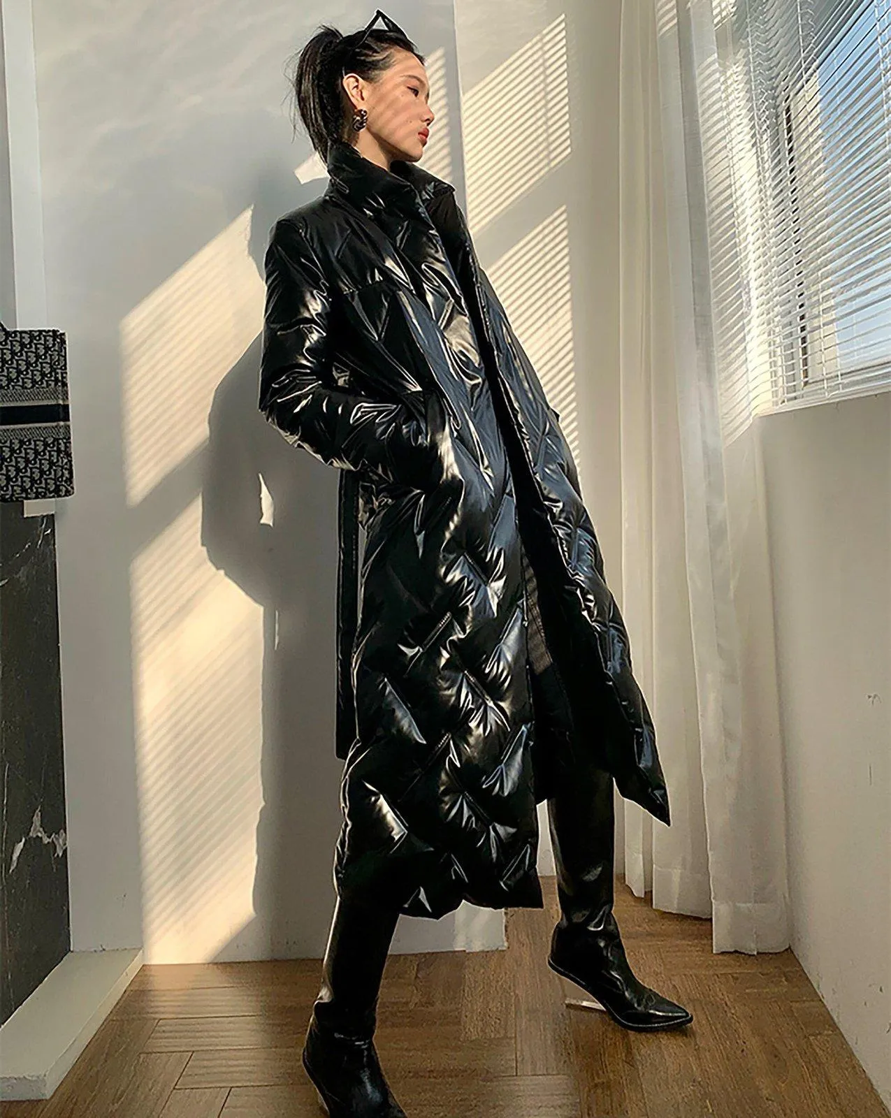 Ashley Glossy Belted Wrap Down Puffer Longline Coat