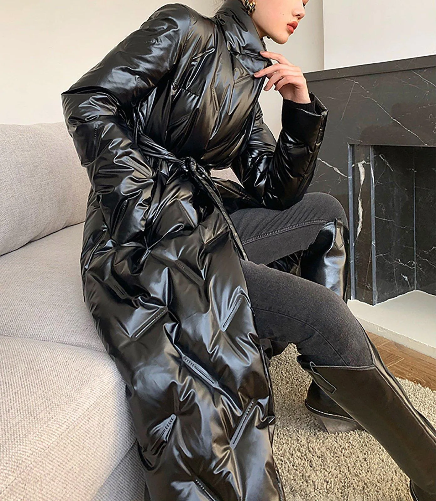 Ashley Glossy Belted Wrap Down Puffer Longline Coat