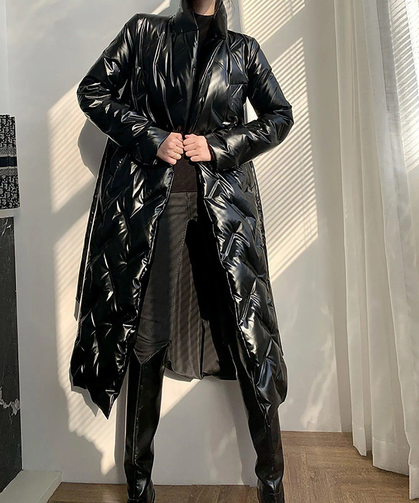 Ashley Glossy Belted Wrap Down Puffer Longline Coat