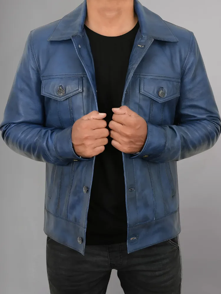 Fernando Mens Distressed Blue Trucker Leather Jacket