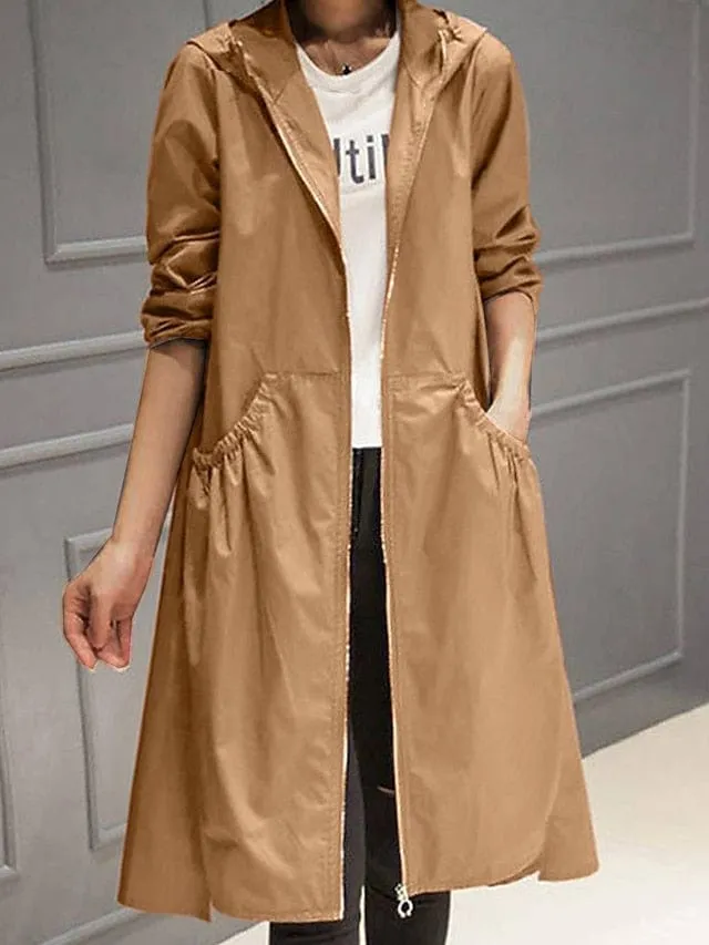 Hooded Zip-up Trench Coat for Women - Black Long Sleeve Windproof Jacket