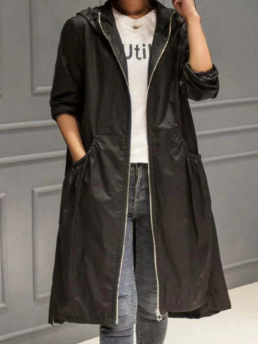 Hooded Zip-up Trench Coat for Women - Black Long Sleeve Windproof Jacket