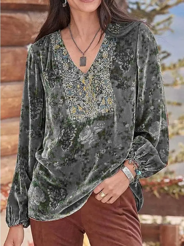 Velvet Floral Print Women's Long Sleeve V-Neck Shirt Blouse