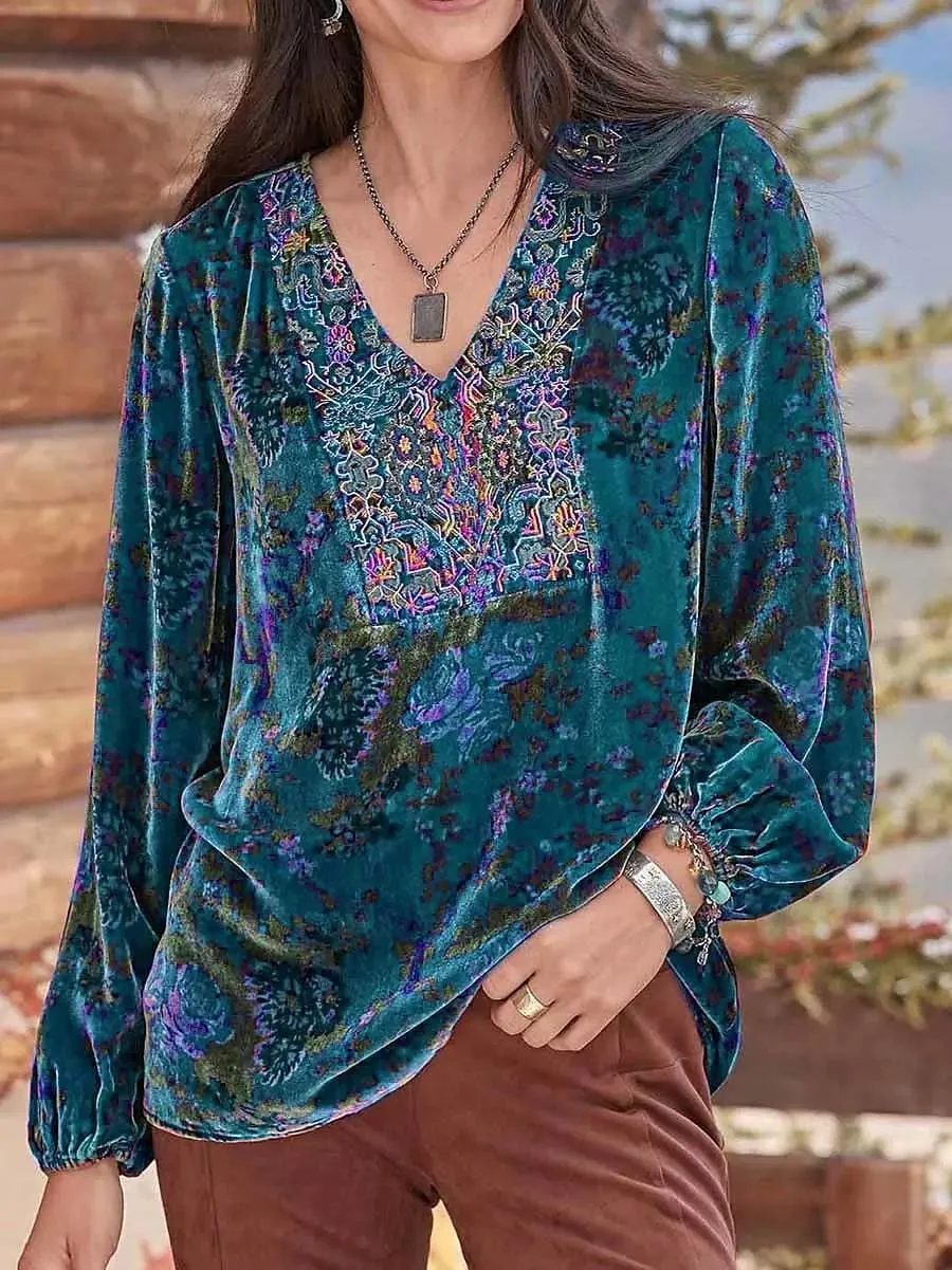 Velvet Floral Print Women's Long Sleeve V-Neck Shirt Blouse