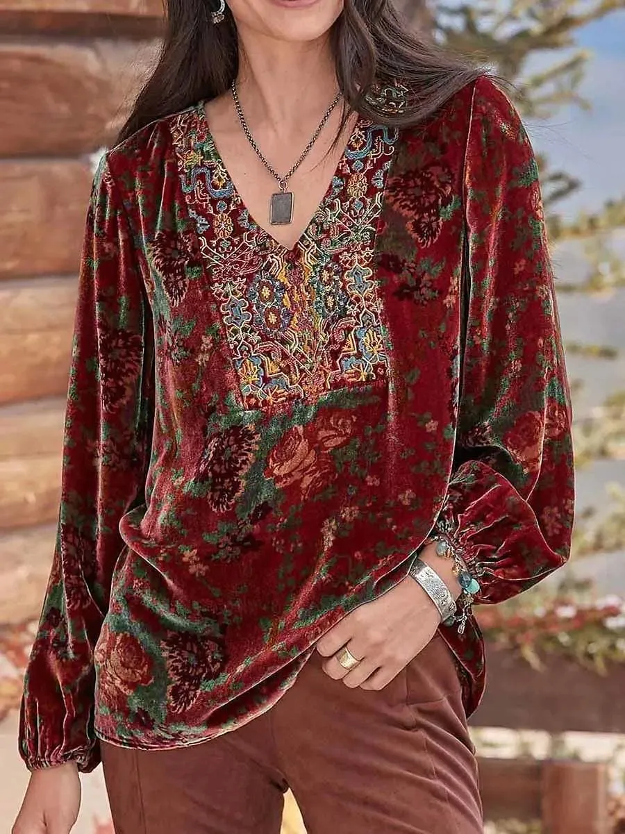 Velvet Floral Print Women's Long Sleeve V-Neck Shirt Blouse