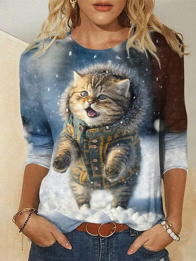 3D Cat Print Women's Long Sleeve T-Shirt for Spring and Fall