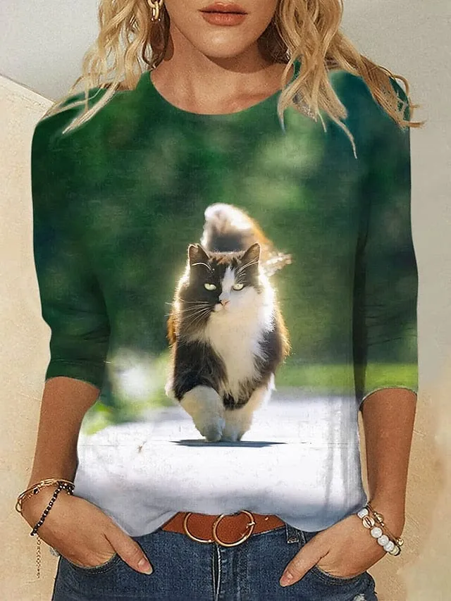 3D Cat Print Women's Long Sleeve T-Shirt for Spring and Fall