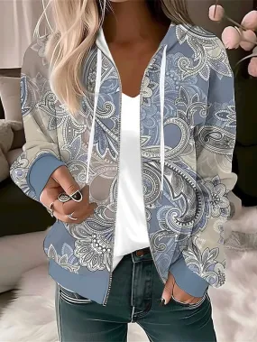 Floral Zip Up Hoodie for Women - Blue Green Light Blue Casual Sports Top