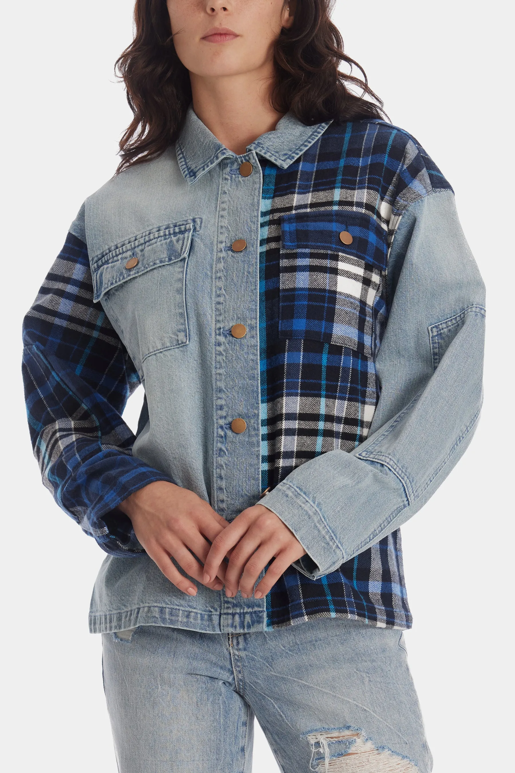 Plaid Denim Patchwork Shacket