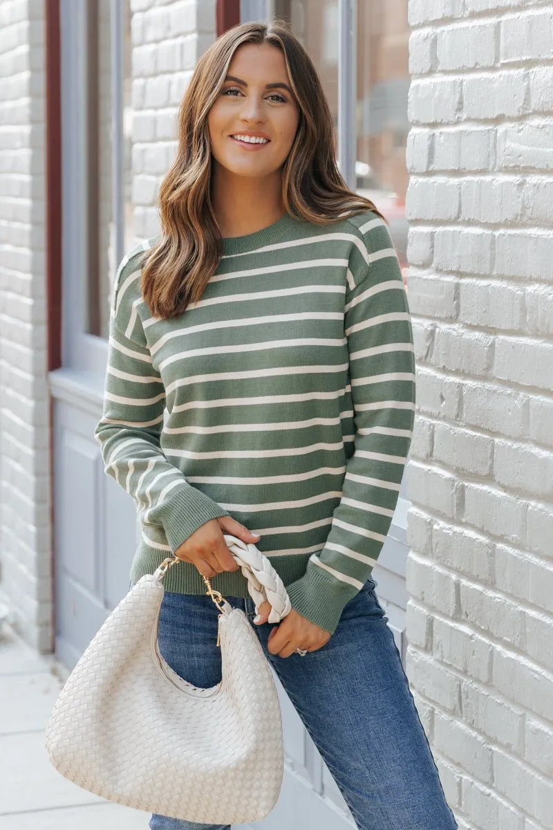 Green Raglan Sleeve Striped Sweater