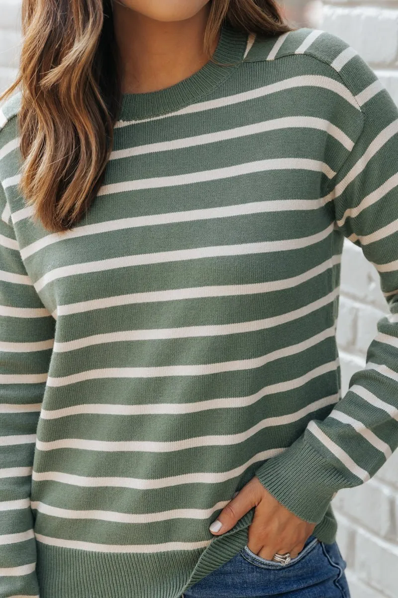 Green Raglan Sleeve Striped Sweater